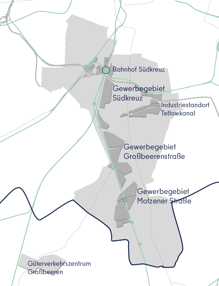 Kartenausschnitt mit hervorgehobenen Gewerbegebieten in Tempelhof-Schöneberg